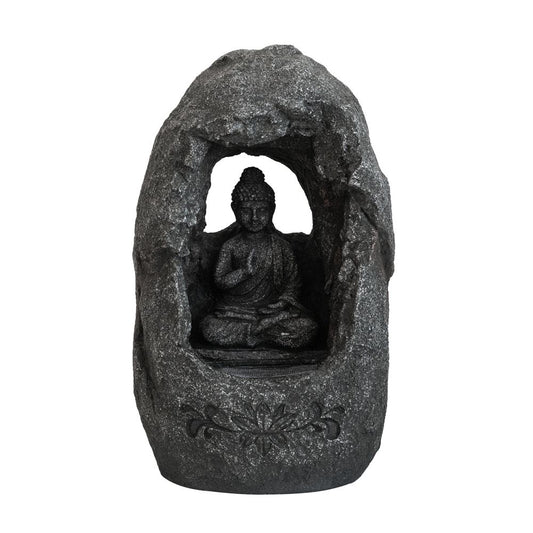 Decorative Tabletop Water Fountain With Sitting Buddha And LED Light, For Indoor Outdoor - Gray