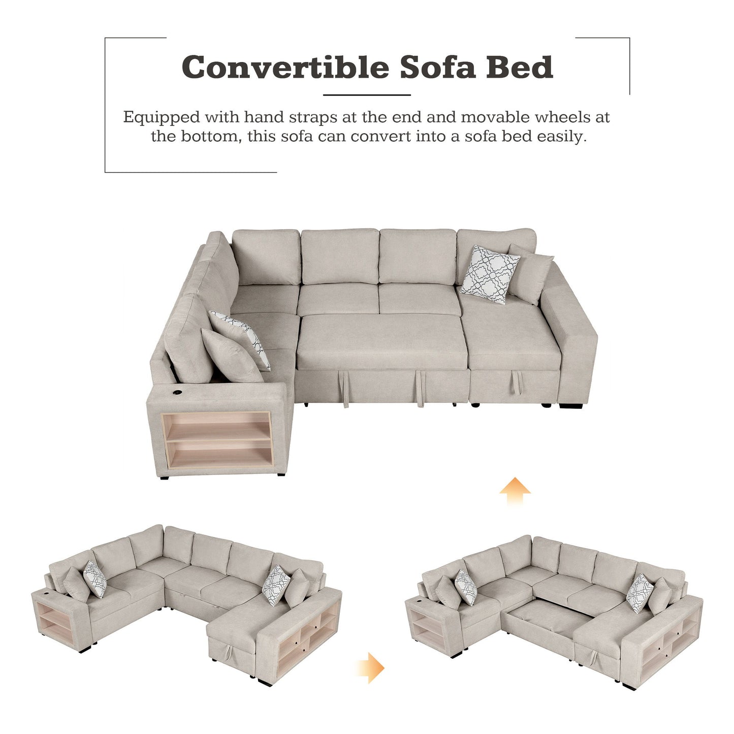 U-Shaped Sectional Sofa Pull-Out Sofa Bed With Two USB Ports, A Storage Chaise Lounge And Four Back Pillows For Living Room