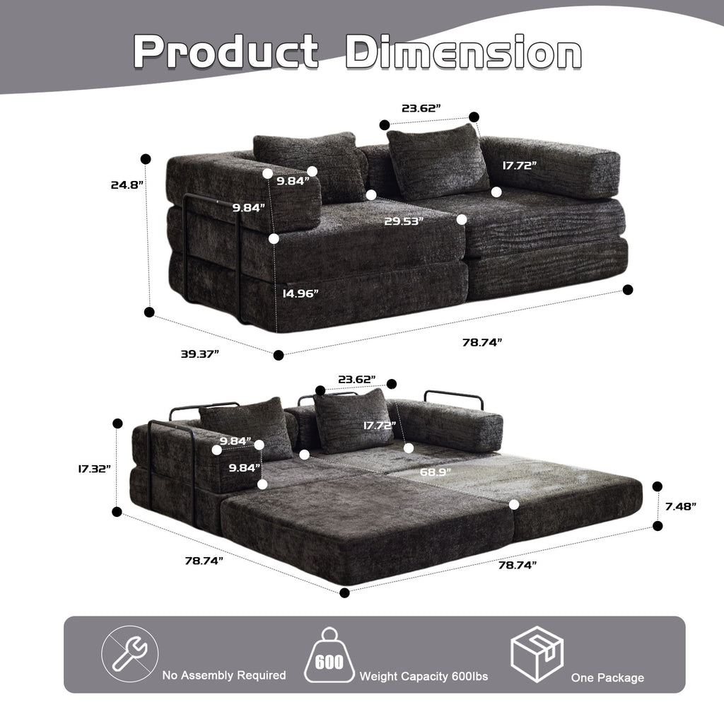 Convertible Floor Sofa Bed With Pillow Back Support Armrest