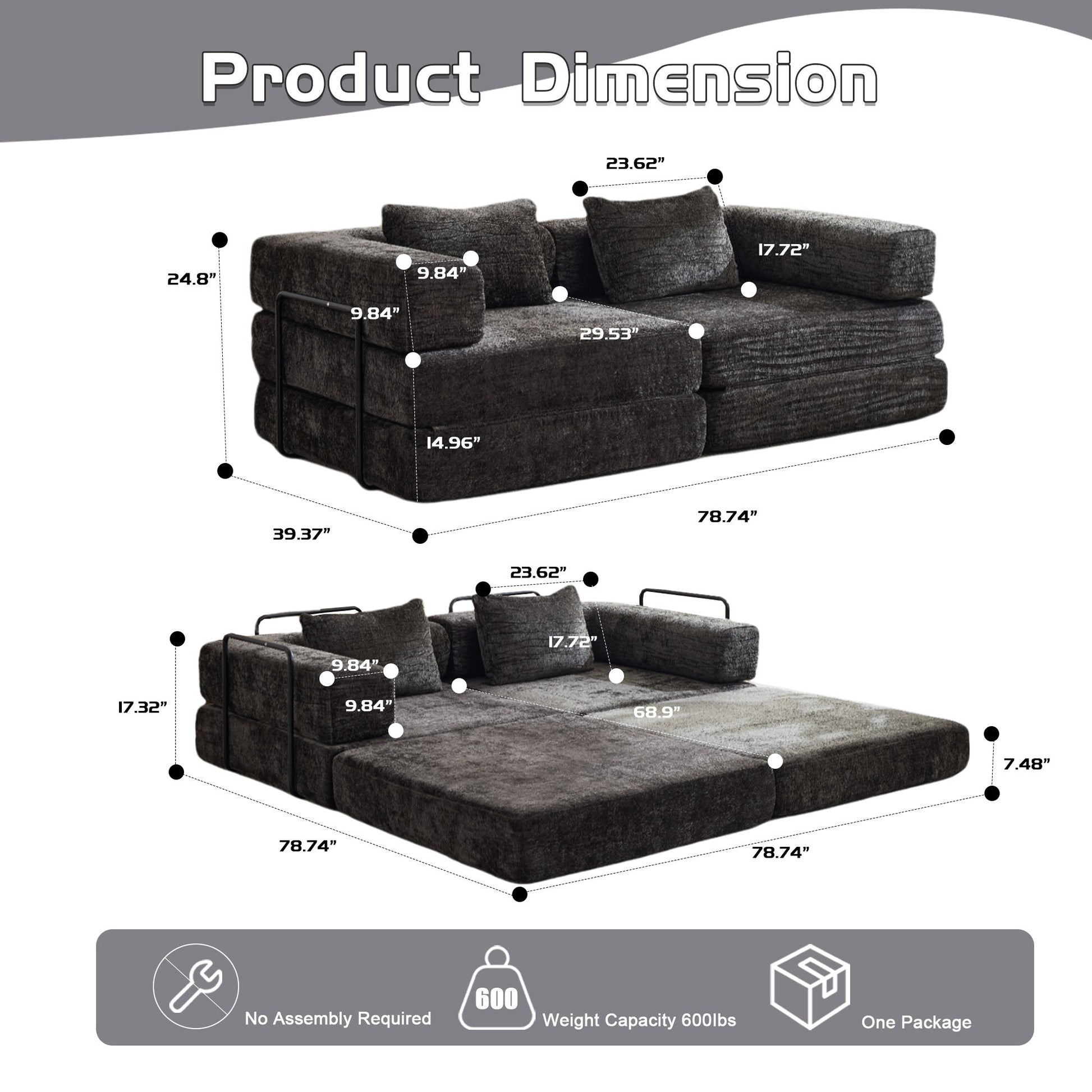 Convertible Floor Sofa Bed With Pillow Back Support Armrest