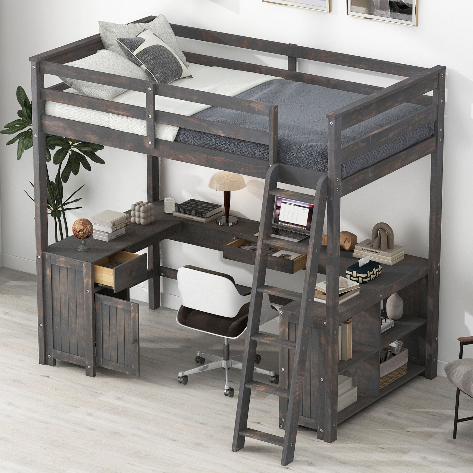 Loft Bed With U-Shaped Desk, Drawers, And Storage Shelves