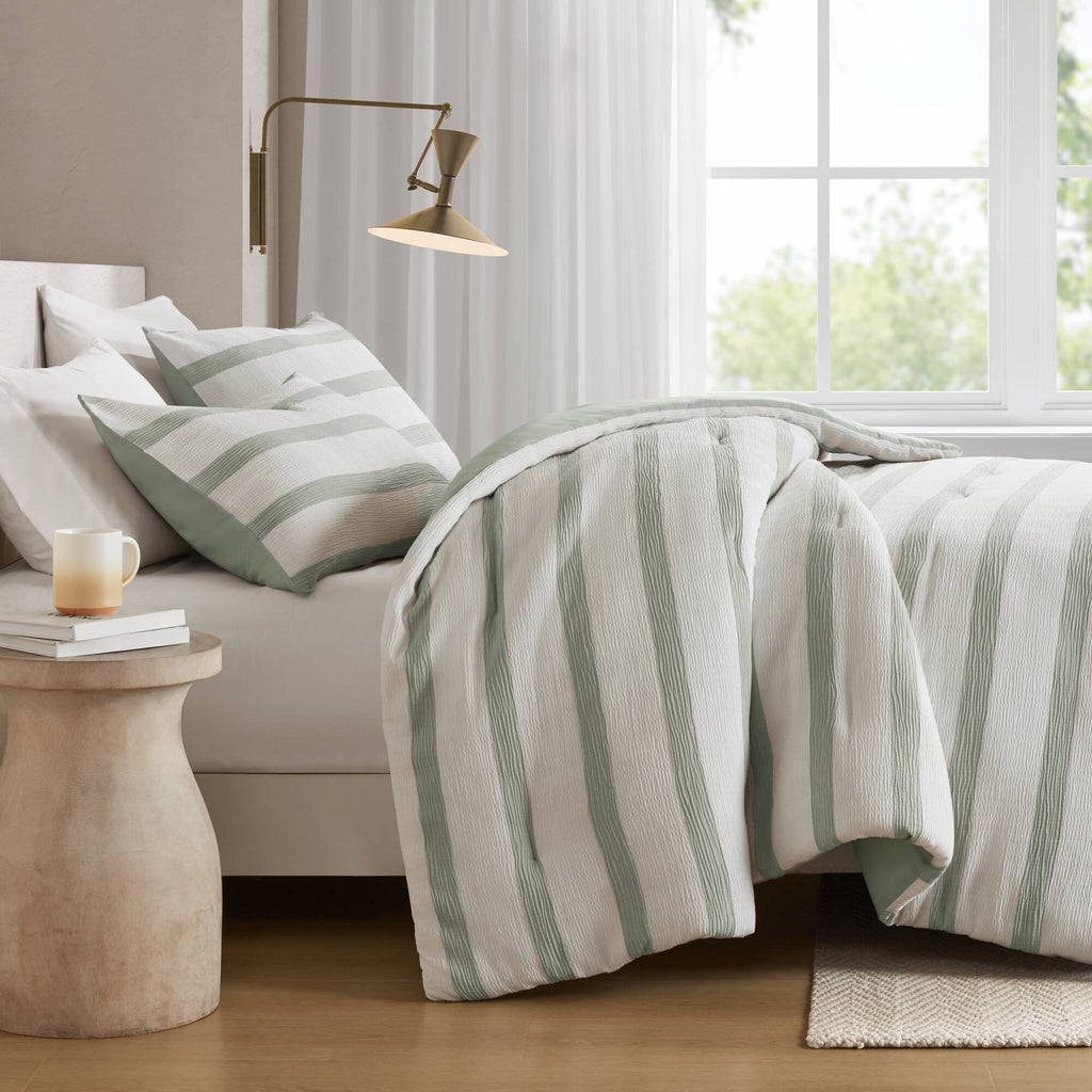 Merritt - Full/Queen Yarn-Dyed Striped Comforter - Sage Green