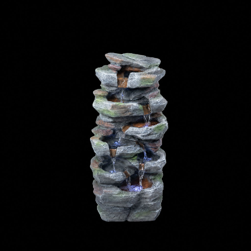Rock Waterfall Outdoor Fountain With LED Lights - Gray