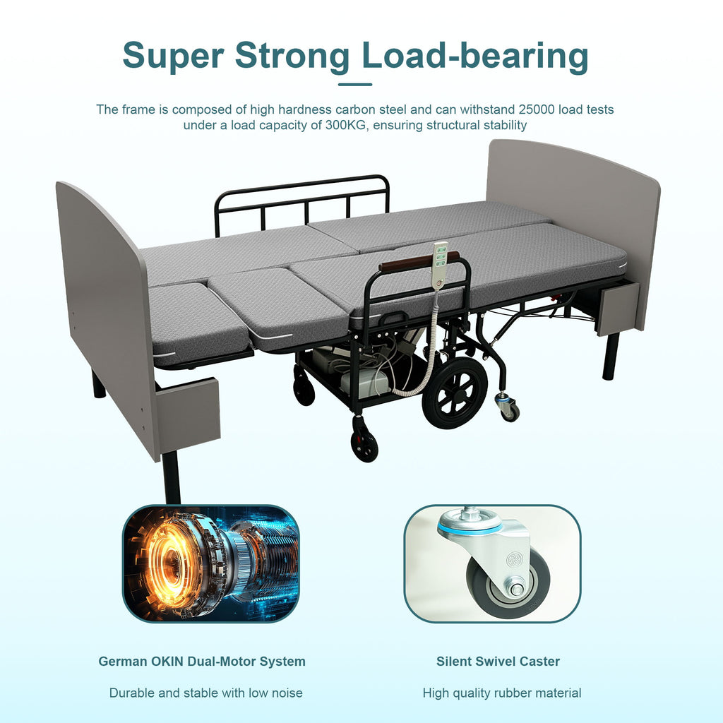 Dual Motor 3 In 1 Electric Nursing Bed Convertible To Wheelchair & Stretcher - Gray