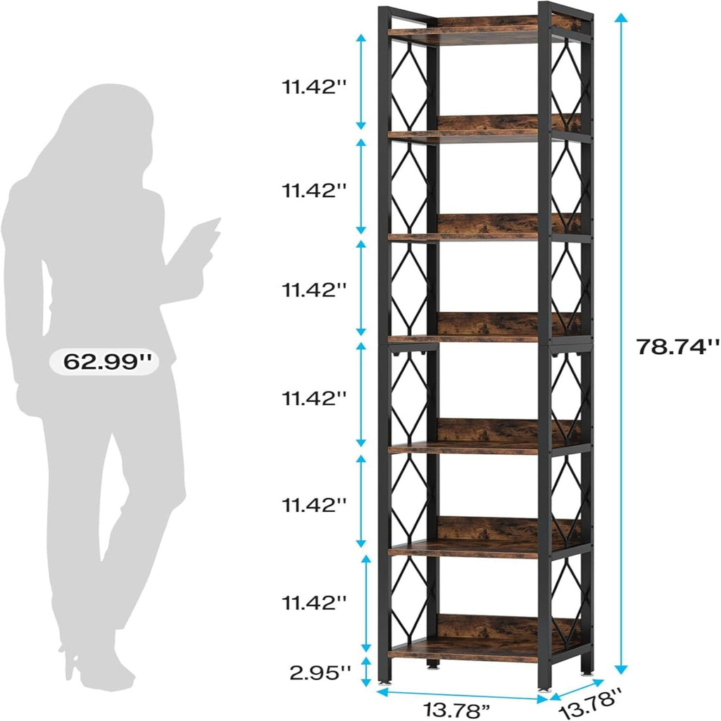 Extra Tall 7 Tier Narrow Corner Bookshelf Storage Display Rack For Living Room - Rustic Brown