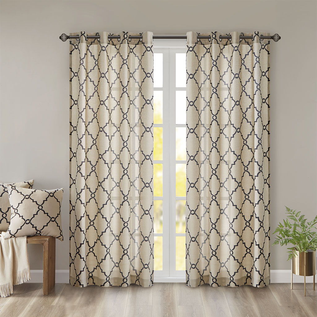 Saratoga - 108" Fretwork Print Grommet Top Window Curtain - Khaki