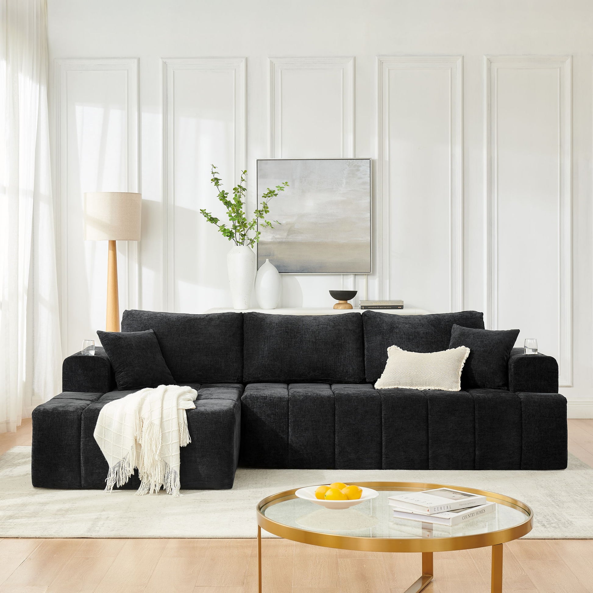 L - Shaped Sectional Sofa With Cup Holders & Side Pockets