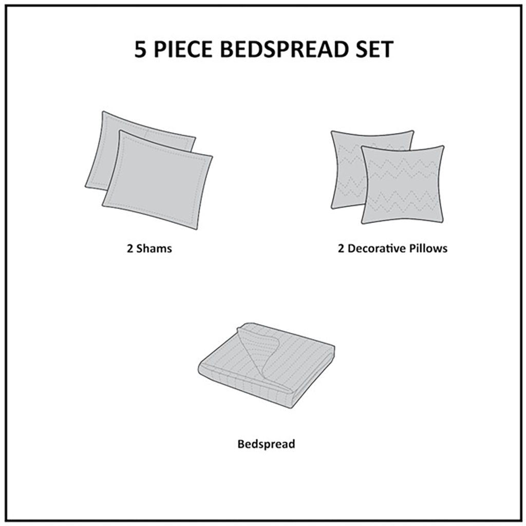Princeton - 5 Piece Reversible Jacquard Bedspread Set - Light Blue