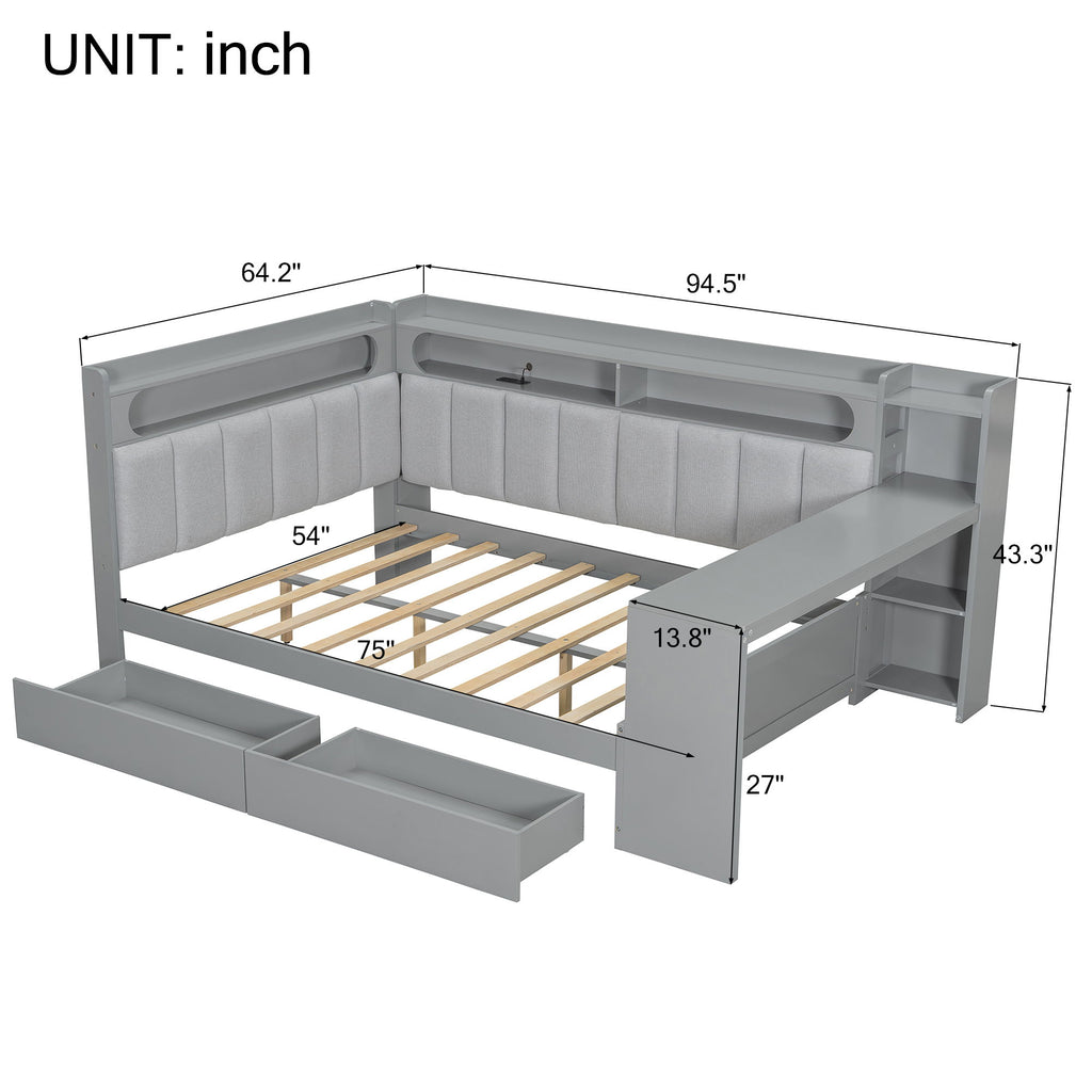 Daybed With Upholstered Headboard, Storage Shelves, Drawers, Charging Station, LED Light, And Adjustable Desk