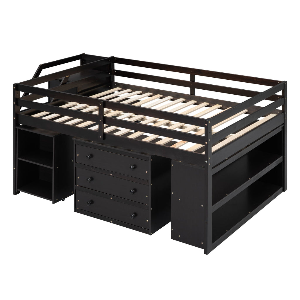 Loft Bed With Retractable Writing Desk And 3 Drawers With Storage Stairs And Shelves