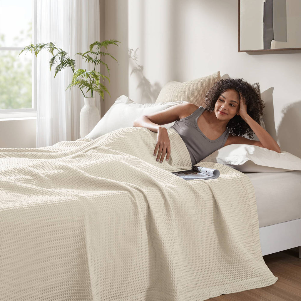 Waffle Weave - Twin Cotton Blanket - Ivory