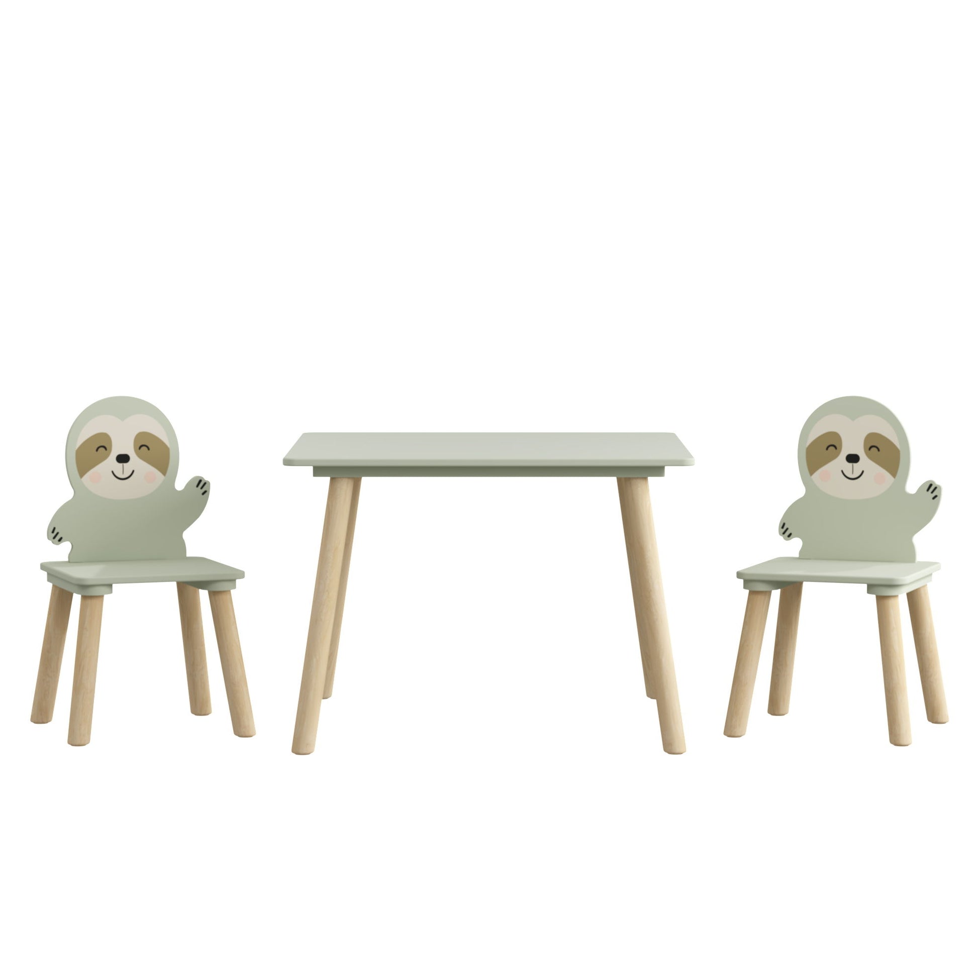 Sloth Themed Table And Chair Set With 2 Cute Animal Chairs - Natural Wood / Sage Green