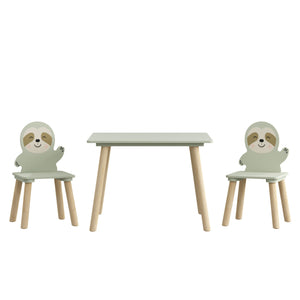 Sloth Themed Table And Chair Set With 2 Cute Animal Chairs - Natural Wood / Sage Green