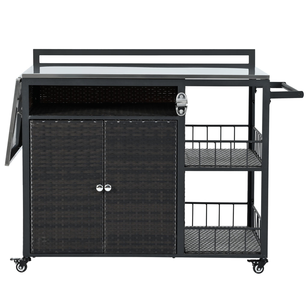 Outdoor Kitchen Island With Storage, Cooking Station, Grill Cart, Foldable Tabletop, And Bottle Opener - Dark Brown
