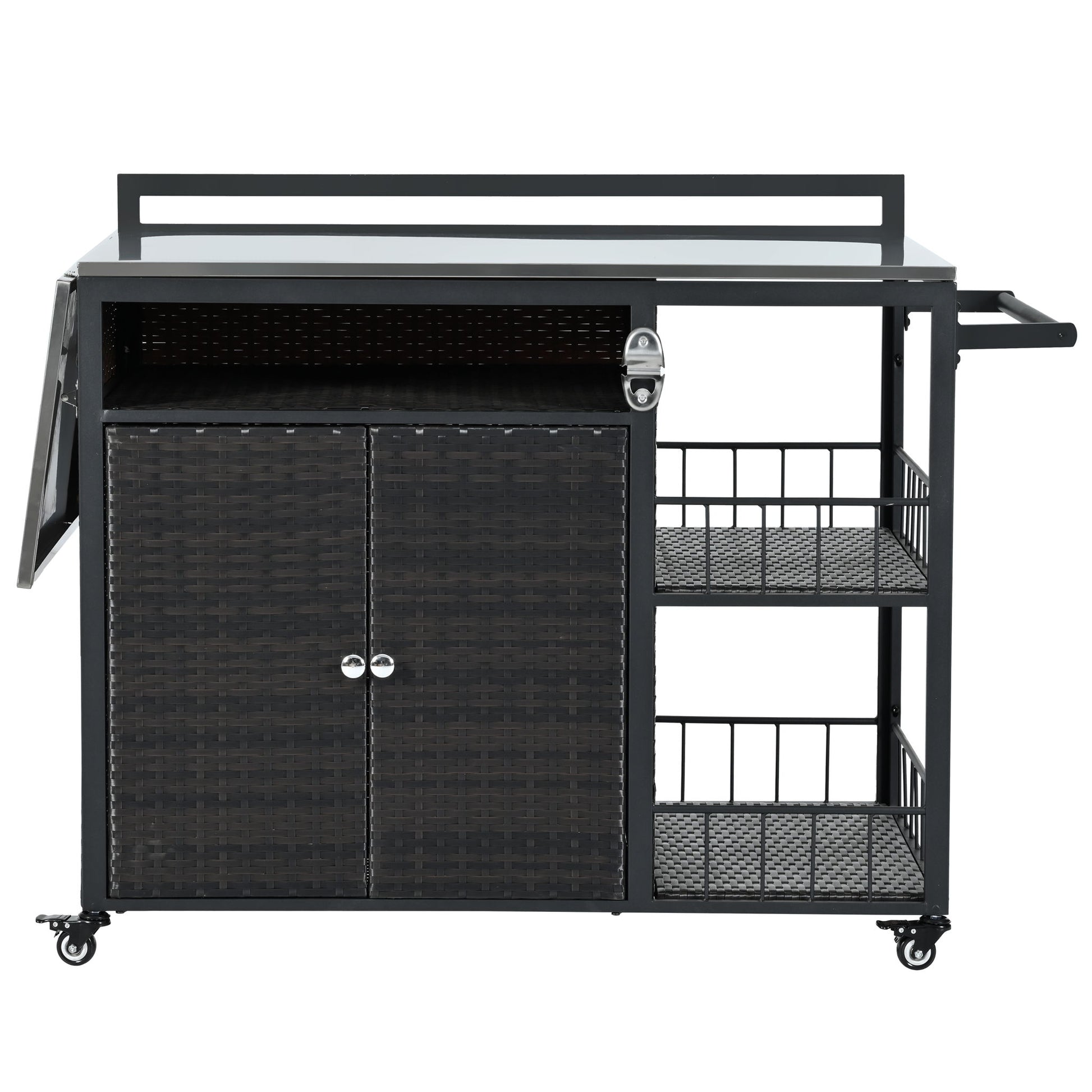 Outdoor Kitchen Island With Storage, Cooking Station, Grill Cart, Foldable Tabletop, And Bottle Opener - Dark Brown