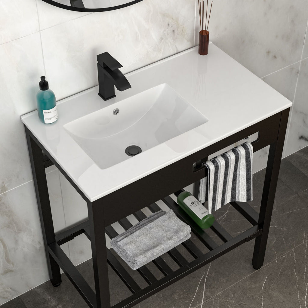 Console Sink With Legs, 32" X 18.5", Durable Porcela With Support - White / Black