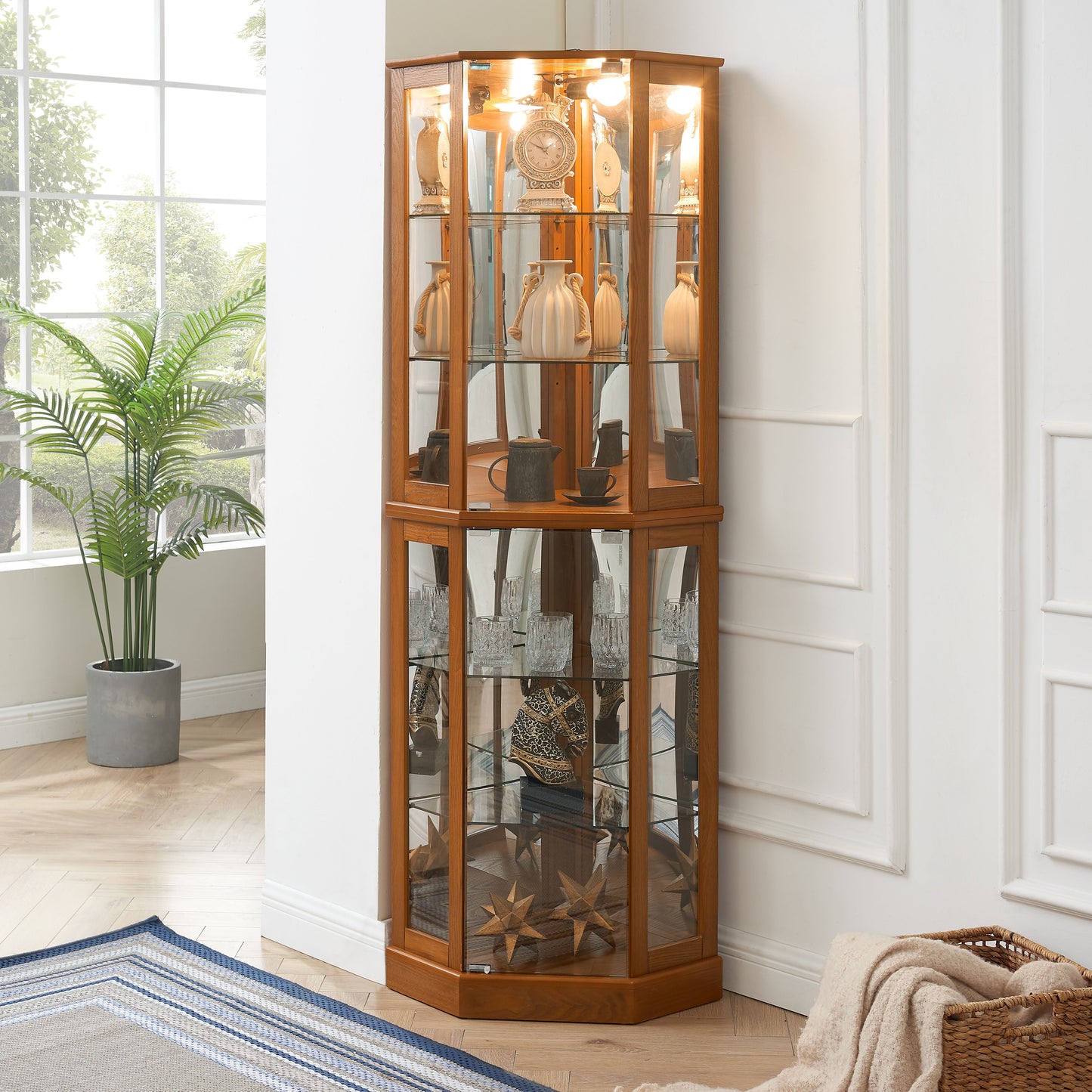 6 Shelf Corner Curio Display Cabinet With Lights, Mirrors And Adjustable Shelves (E26 Light Bulb Not Included)