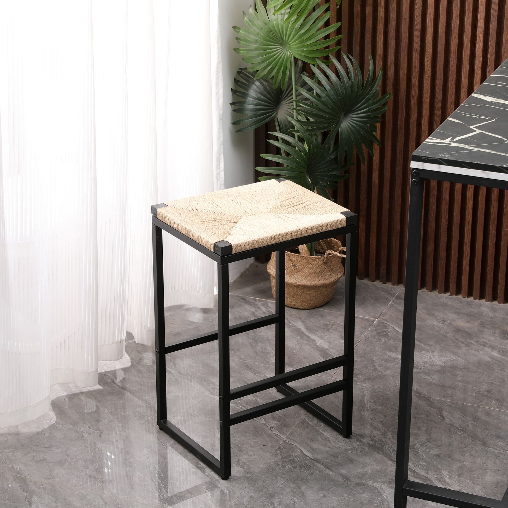 Boho Style Backless Bar Stools (Set of 2) With Paper Rope Woven Seat & Metal Frame For Kitchen Counter