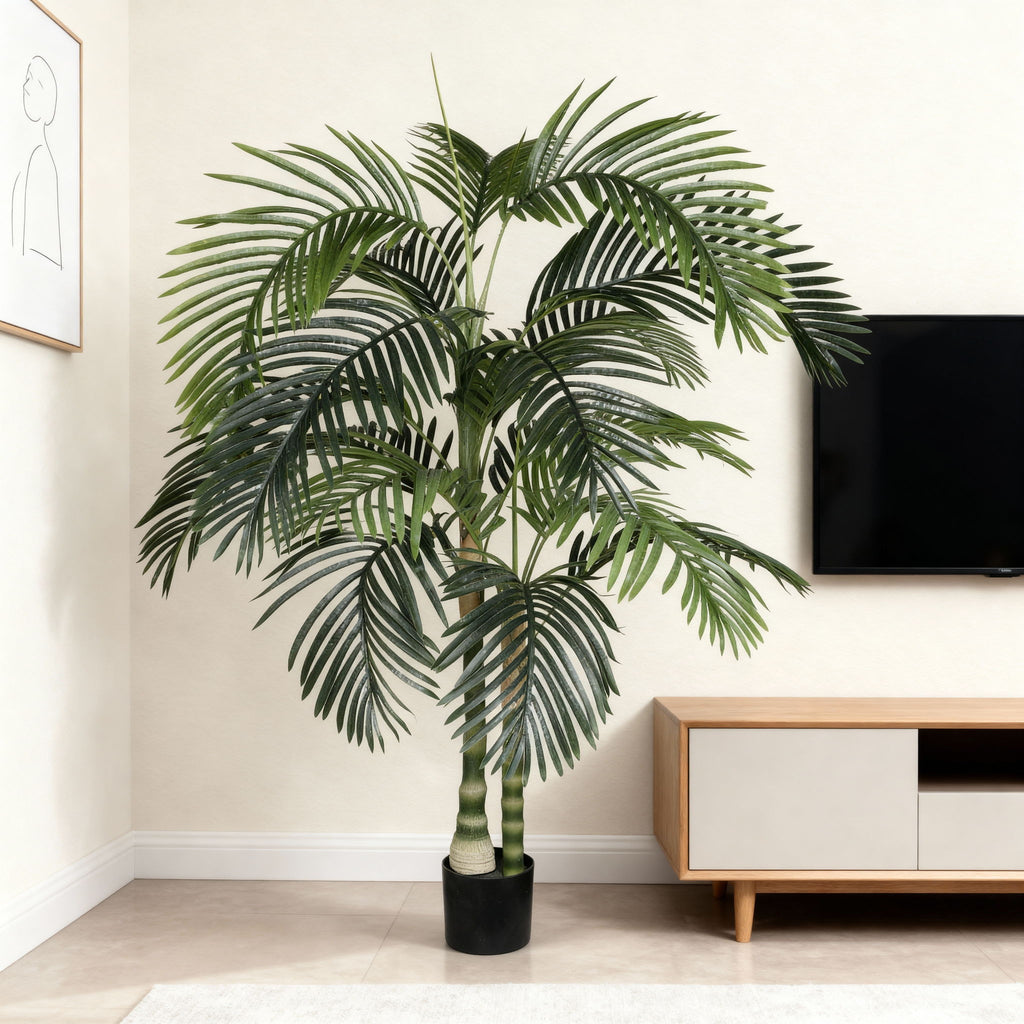 6Ft Golden Cane Artificial Palm Tree With Plastic Pot, Tropical Faux Palm, Indoor / Outdoor Decoration - Green Leaves