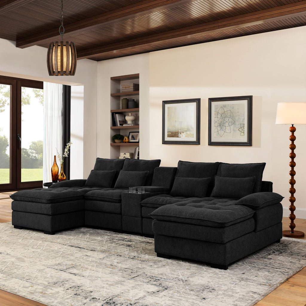 Contemporary U Shaped Sofa With Console And Cupholders