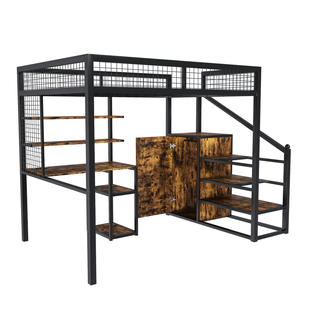Full Size Loft Bed With Desk & Wardrobe Heavy Frame, Built In Staircase, Storage Rack & Shelves Gaming Bed - Black