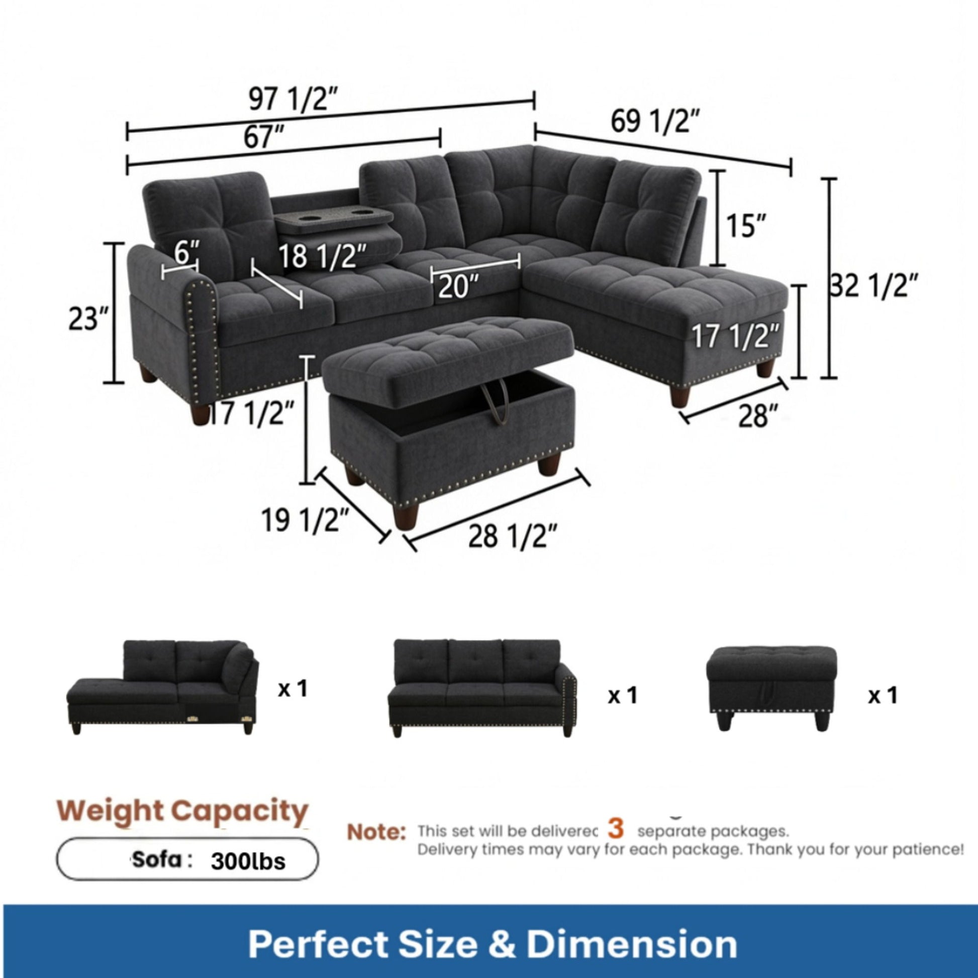 L - Shaped 3 Piece Sectional Sofa With Chaise, Storage Ottoman & Cup Holders