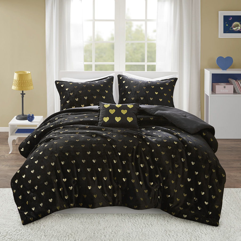 Rosalie - 3 Piece Twin/Twin Long Metallic Printed Plush Comforter Set With Throw Pillow - Black/Gold