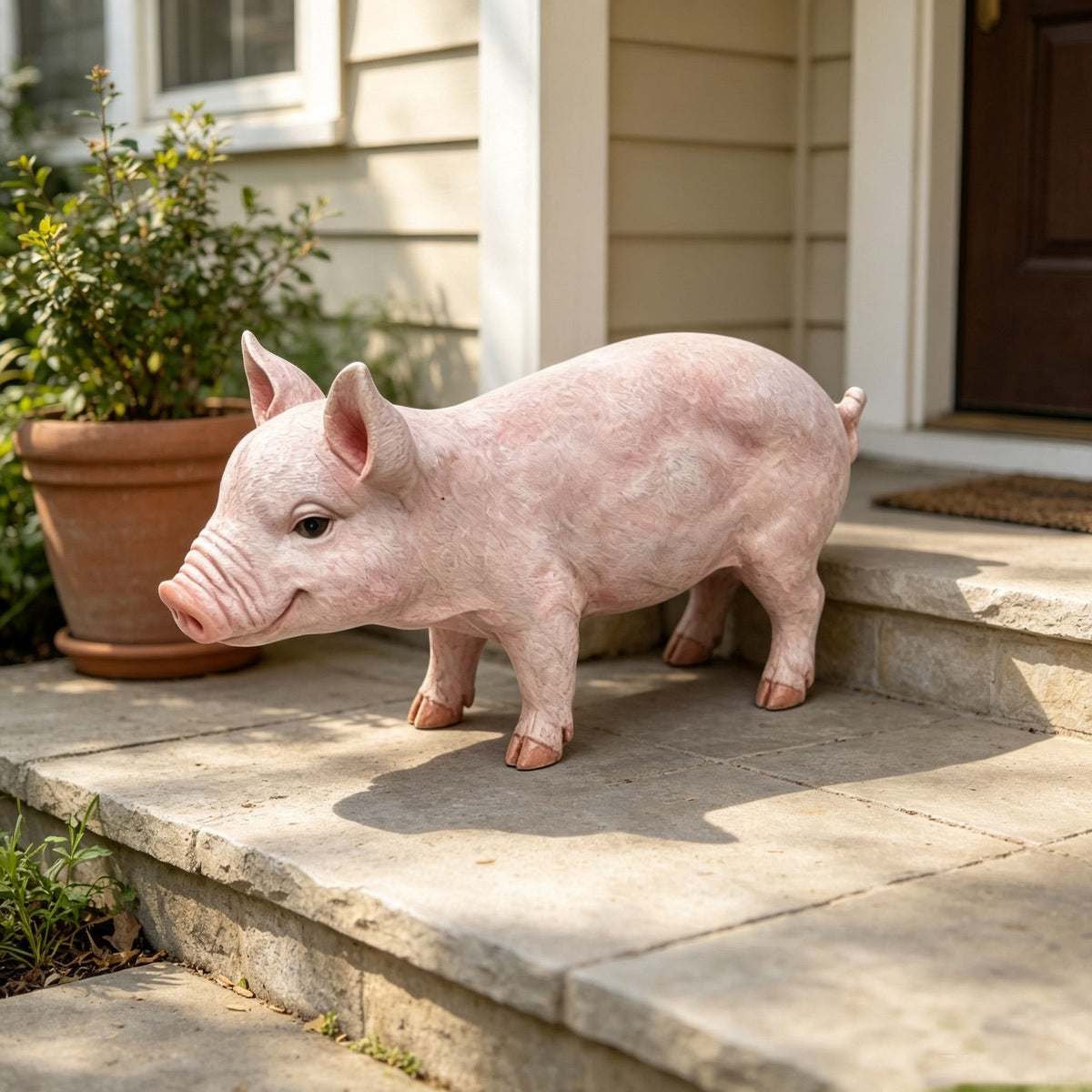 Cute Pig Garden Statue, Farm Pig Figurine Lawn Ornament, Weatherproof Outdoor Sculpture Decor - Baby Pink