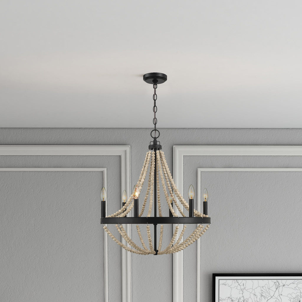 Starry - Chandelier 6 Candle Light Wood Beaded Pendant Light For Dining Room - Black / Clear