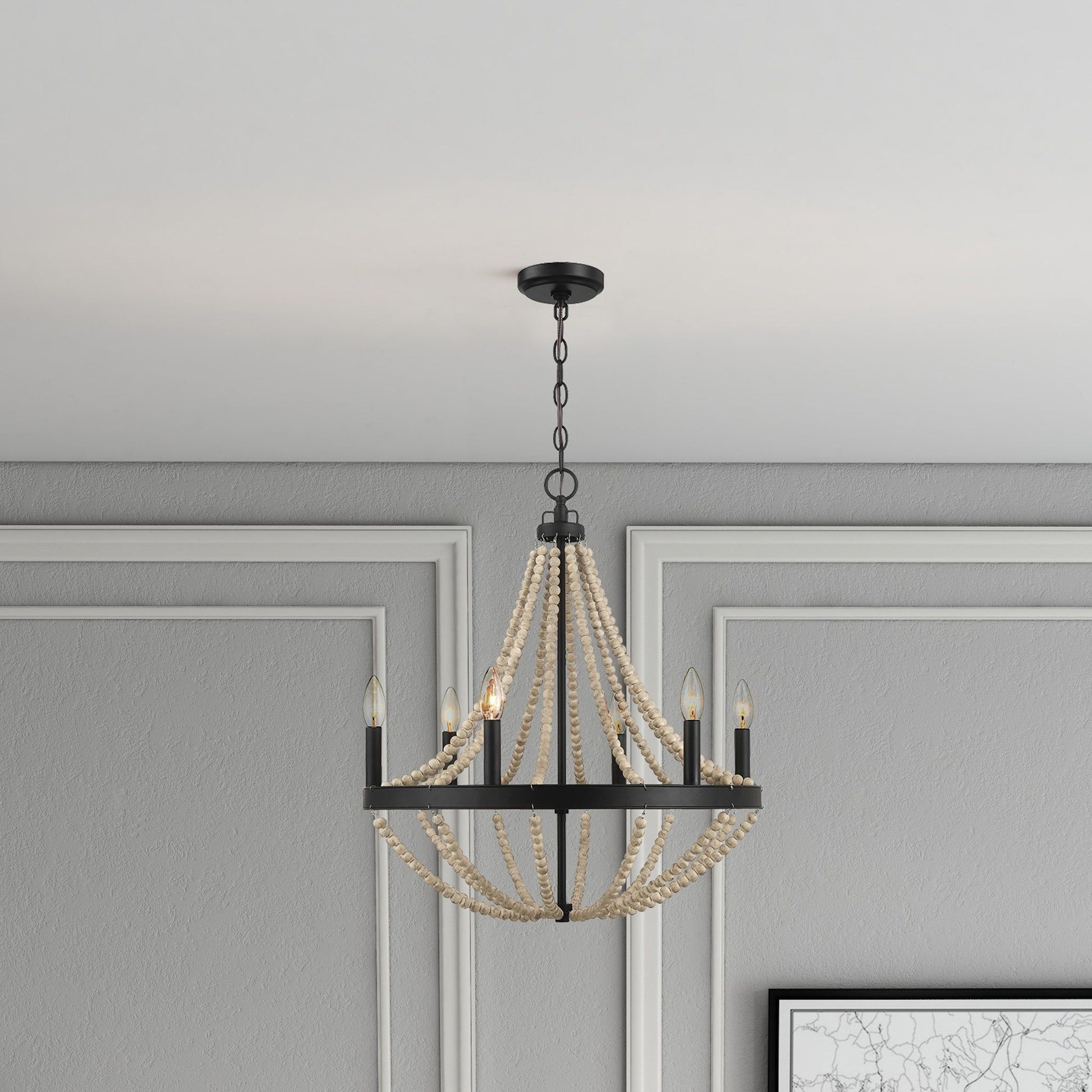 Starry - Chandelier 6 Candle Light Wood Beaded Pendant Light For Dining Room - Black / Clear