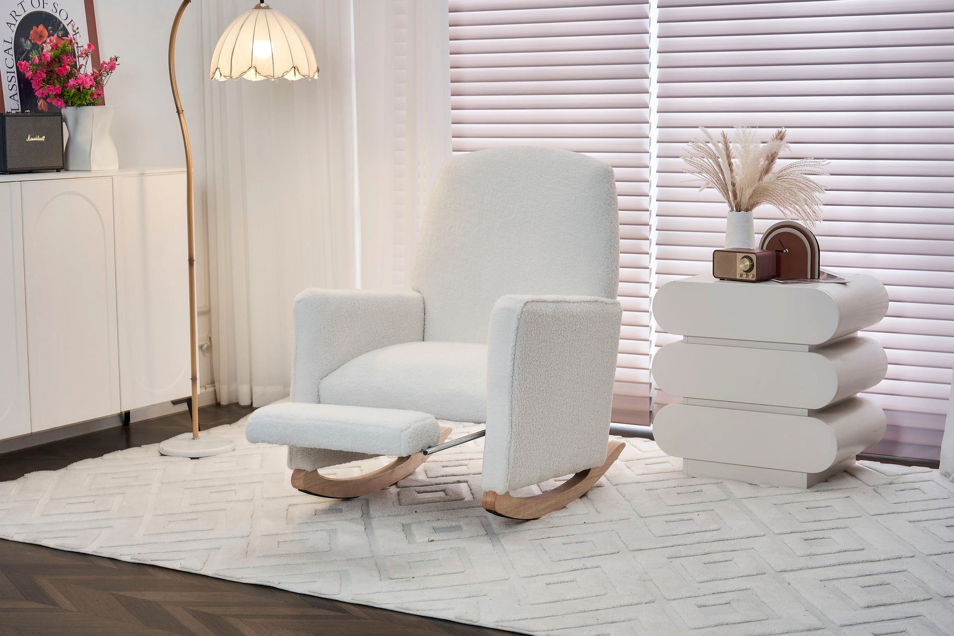 Teddy Fabric Nursery Rocking Chair With Adjustable Footrest - Ivory