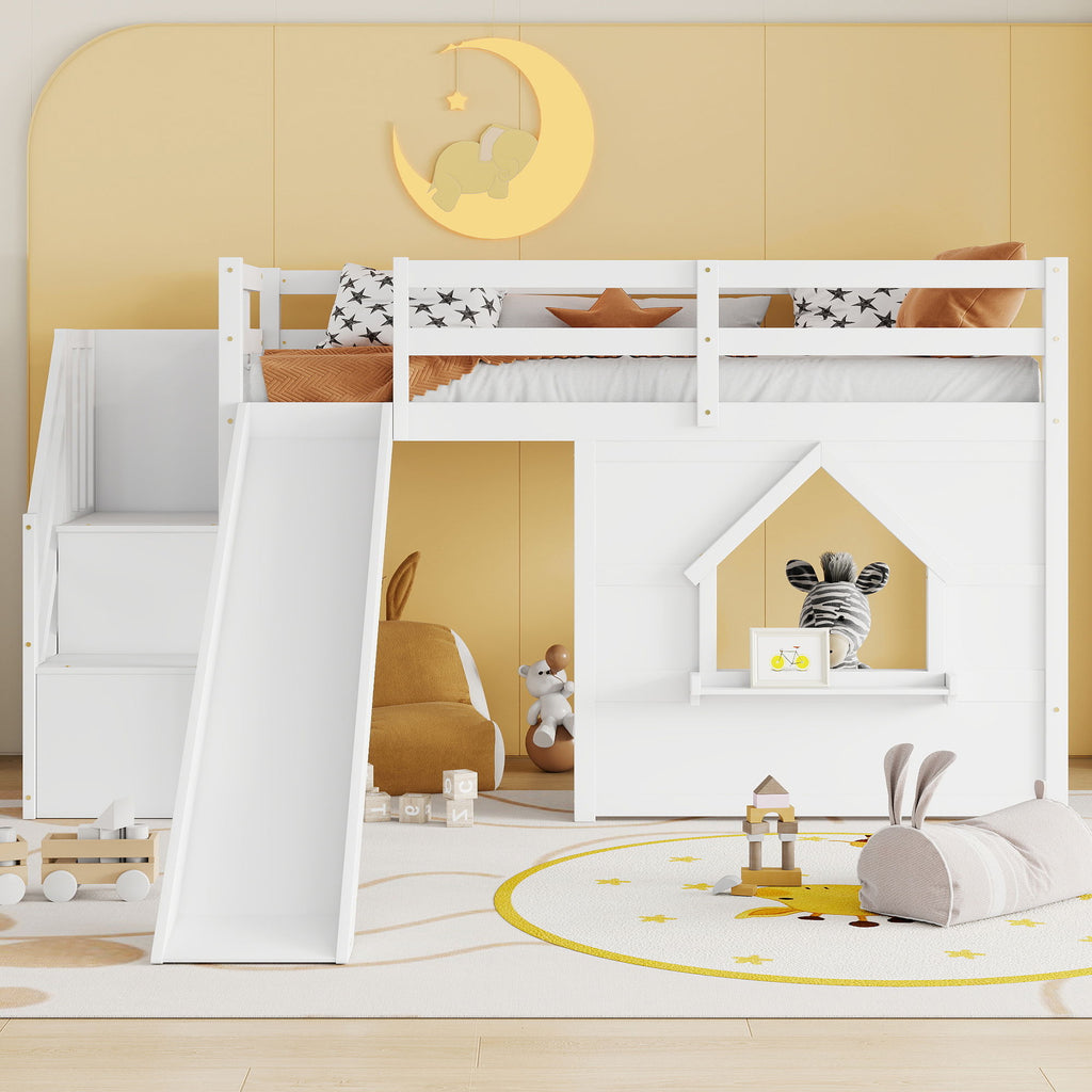 Loft Bed With Storage Stairs, Slide, Playhouse Window And 7 Colors LED Lights