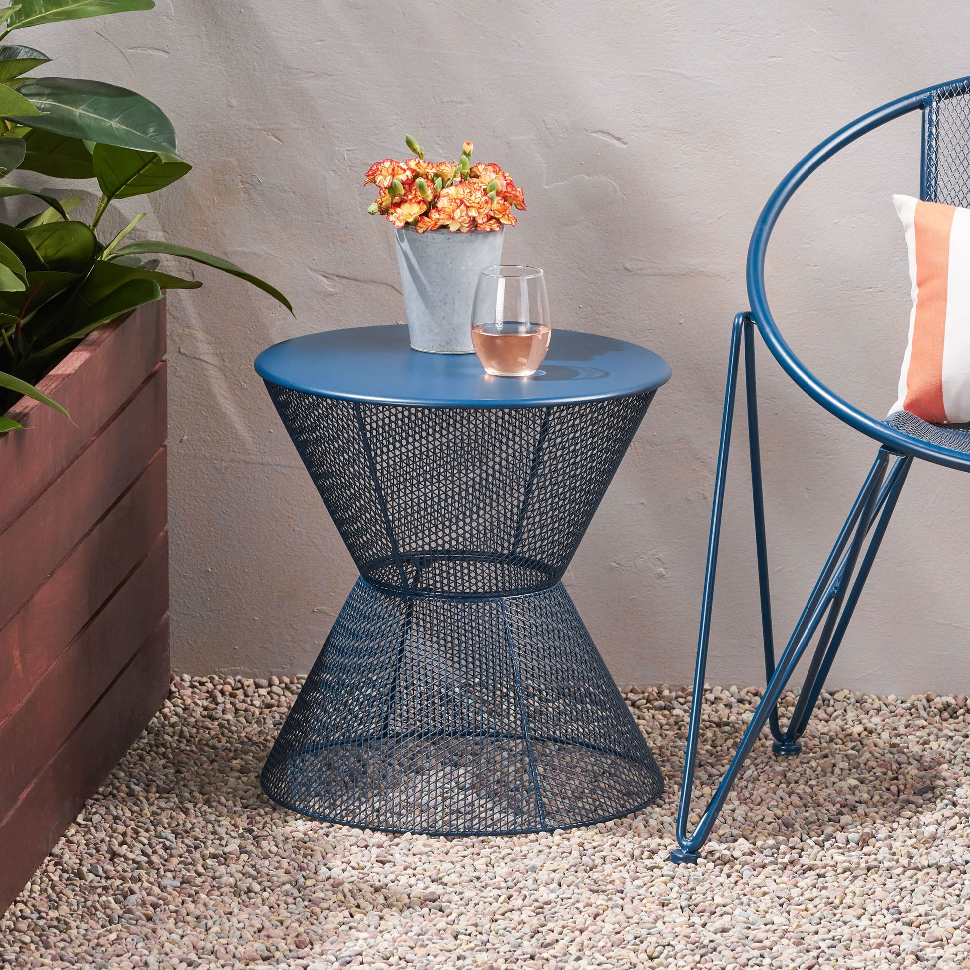 Zine - Outdoor Side Table With Hourglass Shaped And Iron Frame - Navy