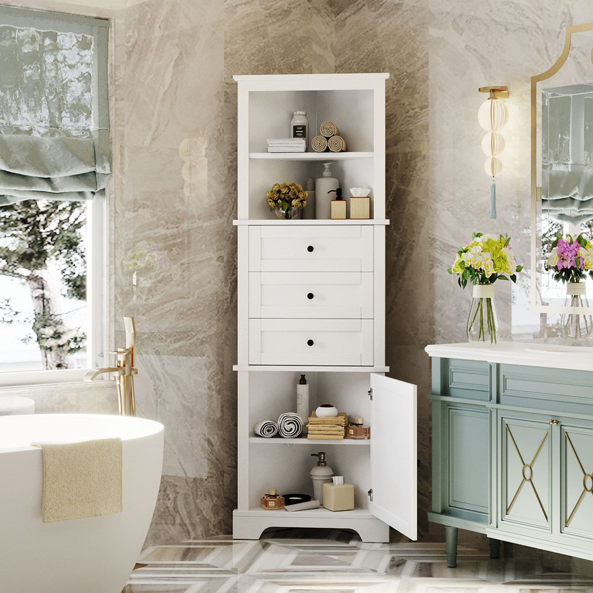 Tall Storage Cabinet With 3 Drawers And Adjustable Shelves For Bathroom