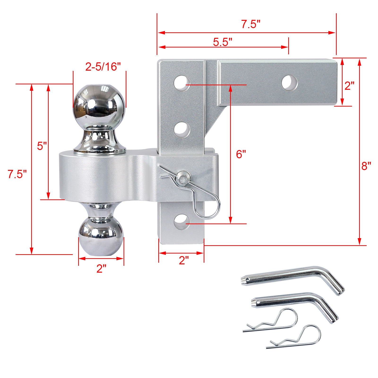 Alu - Adjustable Trailer Drop Hitch With 2" Receiver, 6" Adjustable - Silver