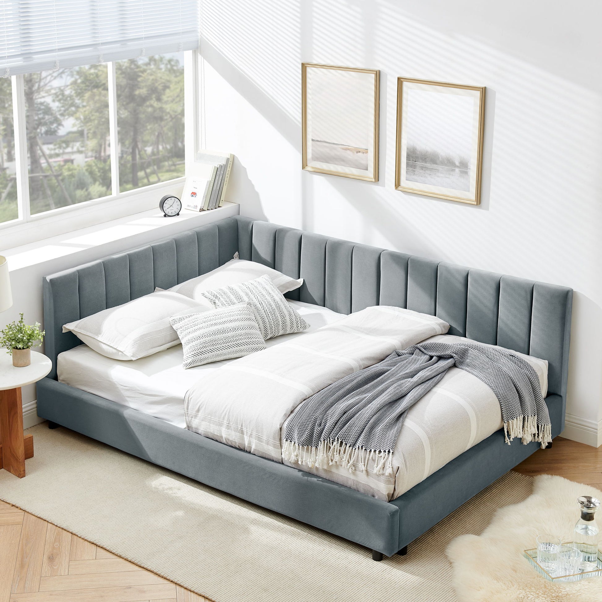 Mid-Century Upholstered Tufted Bed Frame With Backrest And Armrests