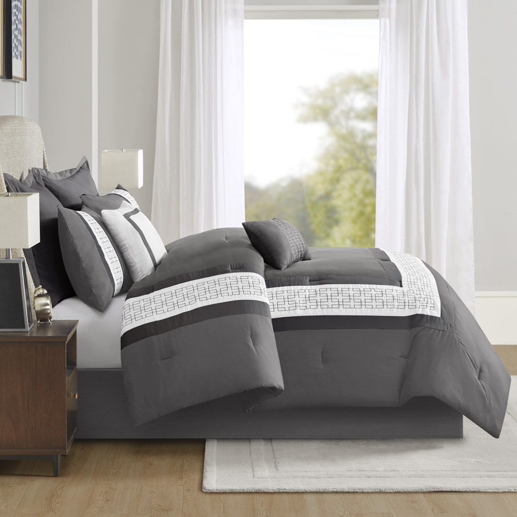 Powell - 8 Piece California King Embroidered Comforter Set - Dark Gray
