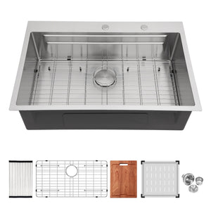 33" Drop In Kitchen Sink Single Bowl 16 Gauge Stainless Steel Ledge Workstation - Black