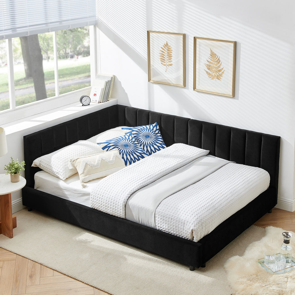 Mid-Century Upholstered Tufted Bed Frame With Backrest And Armrests