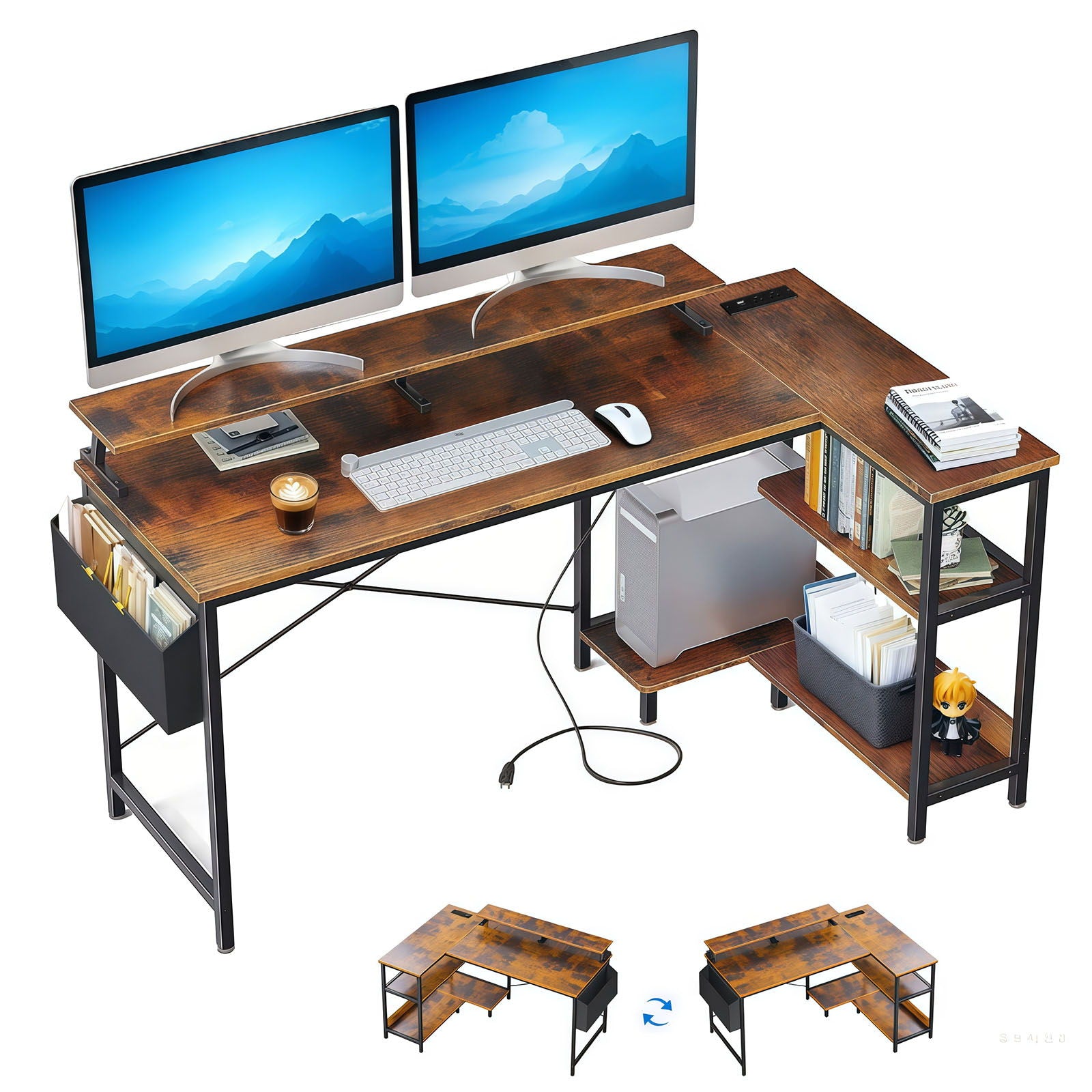 L-Shaped Gaming Desk With Power Outlets, Monitor Stand & Storage Shelves, Reversible Corner Workstation - Black / Brown