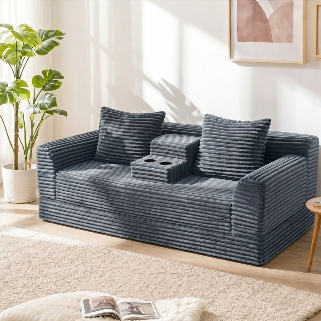 Soft Striped Convertible Sofa Bed, Dual Use Lounge Couch With Cup Holders And Pillows