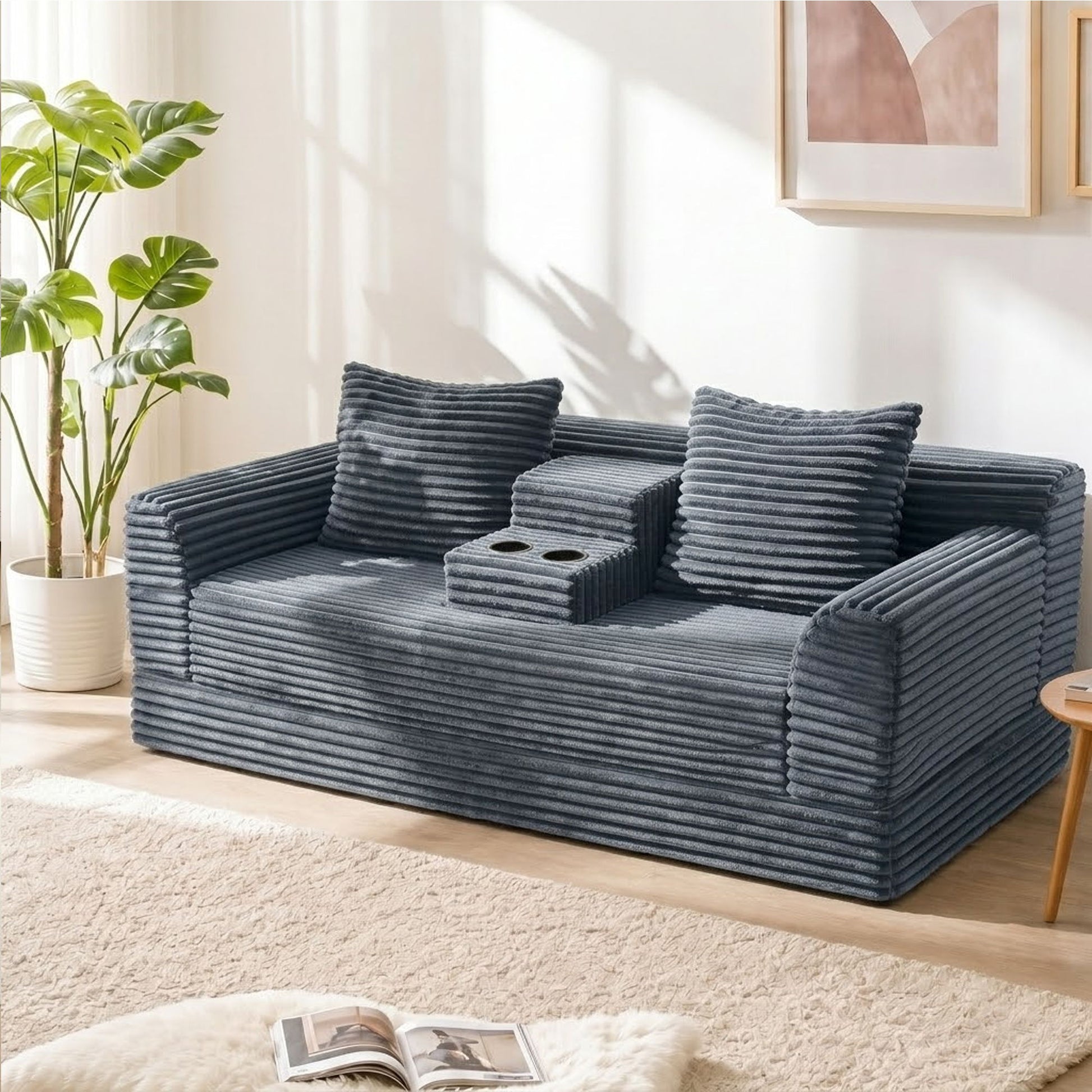 Soft Striped Convertible Sofa Bed, Dual Use Lounge Couch With Cup Holders And Pillows