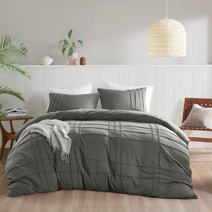 Porter - California King Soft Washed Pleated Duvet Cover Set - Gray