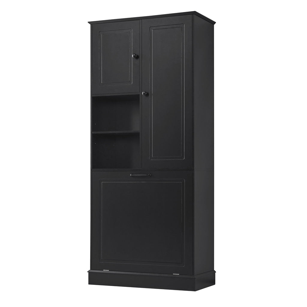 Modern Tall Storage Cabinet With Adjustable Shelves, Flip-Out Basket & Enclosed Doors