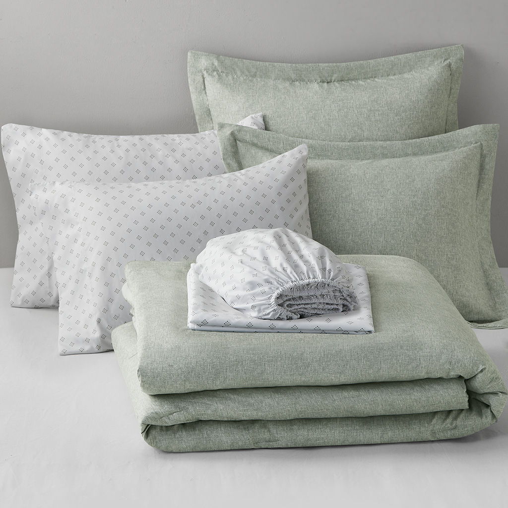 Camden - Full/Queen Chambray Print Solid Comforter Set - Sage Green
