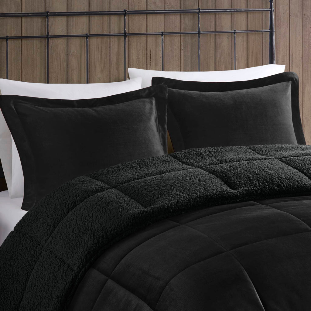 Alton - Full/Queen Plush Sherpa Down Alternative Comforter Set - Black