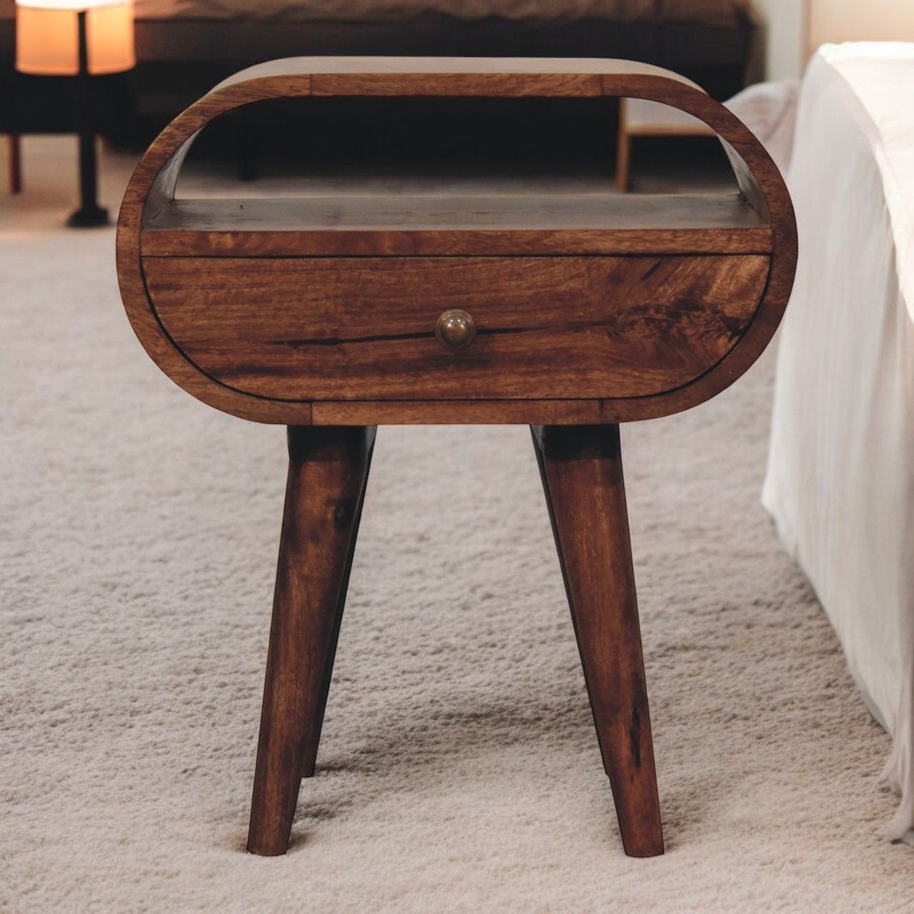 Circular Bedside Table With Open Slot - Caramel