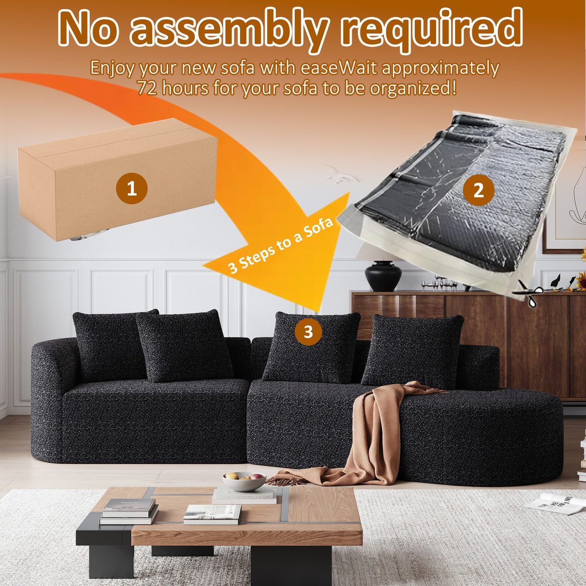 Upholstered Oversized Sectional Sofa, 4 Seater Extra Deep & Wide Curved Cloud Couch With 4 Throw Pillows For Living Room - Black