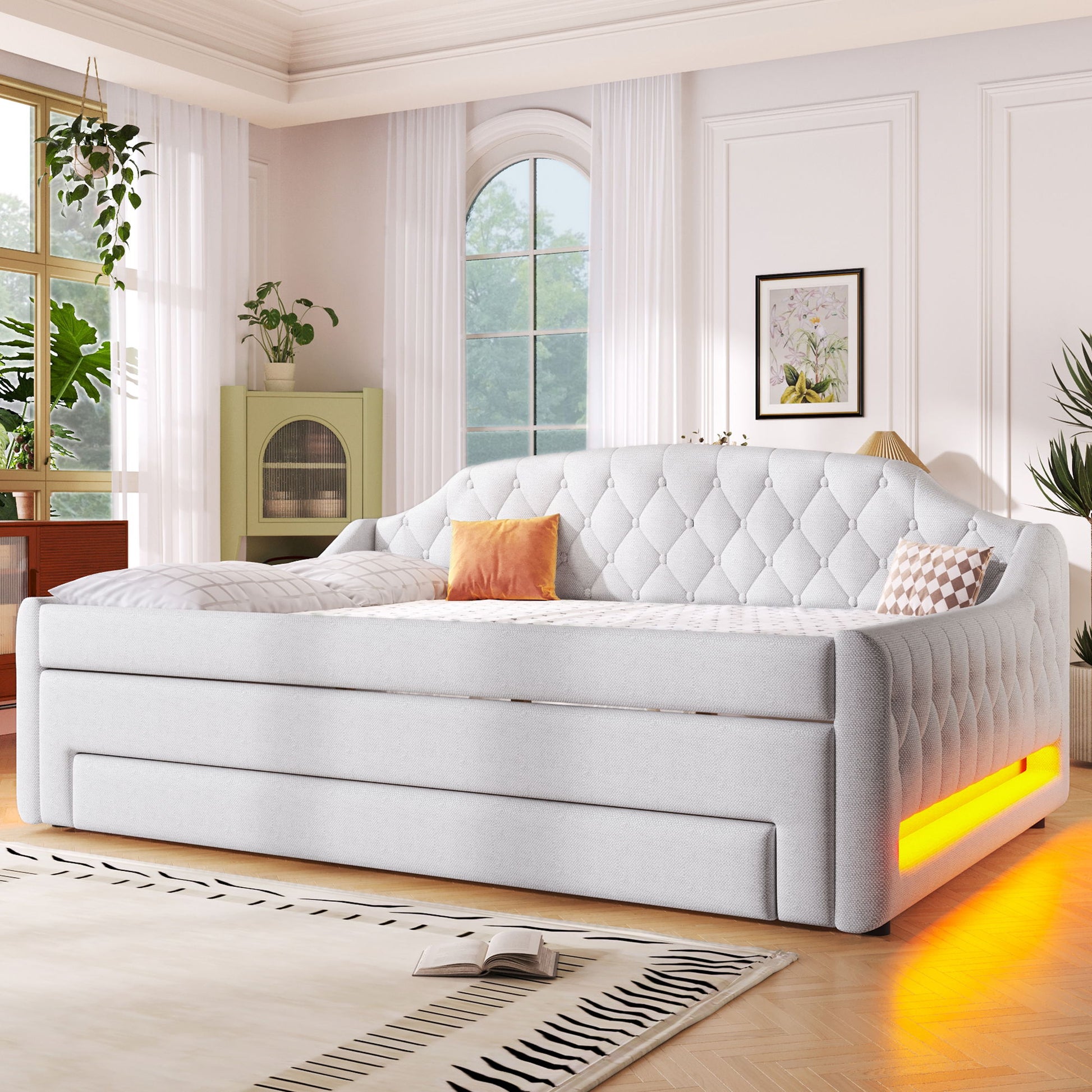 Upholstered Daybed With LED Belt, Trundle And 3 Drawers