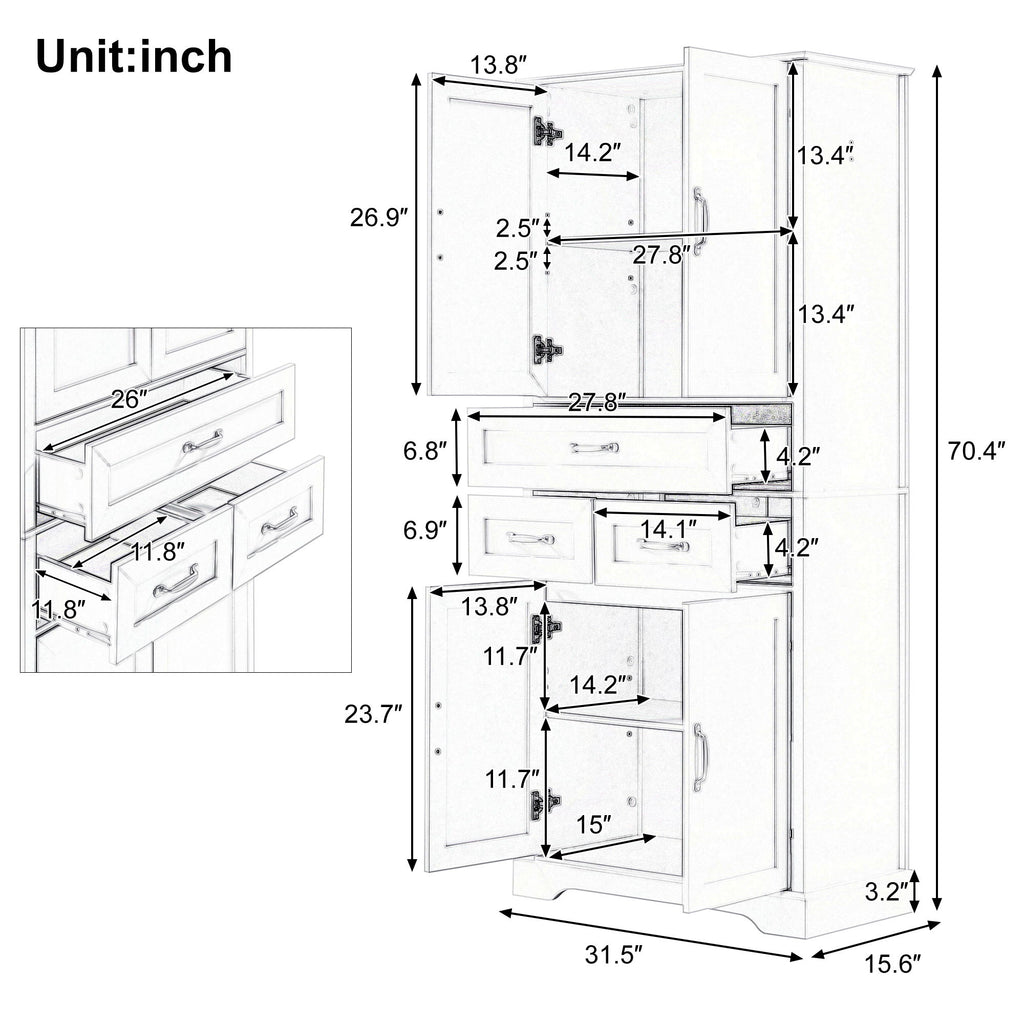Tall Bathroom Storage Cabinet With 4 Doors 3 Drawers Adjustable Shelves - White